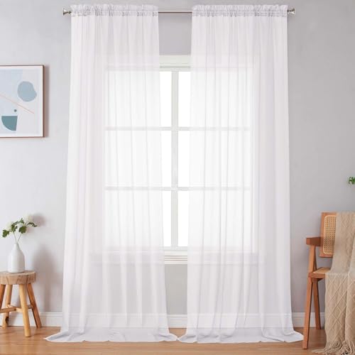 "Simplebrand Sheer White Curtains 120 Inches Long, Extra Long Rod Pocket Solid Color Window Sheer Curtain Panels, Elegant Curtains & Drapes for Living Room, Bedroom 2 Panels (White, 59"" W x 120"" L)"