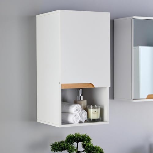 Home Source Florence Wall Mounted Bathroom Cabinet – White, Soft Close Door, 3-Shelves with 1-Open Shelf, 60cm Tall Cupboard, Vanity Storage Unit 30x30x60cm
