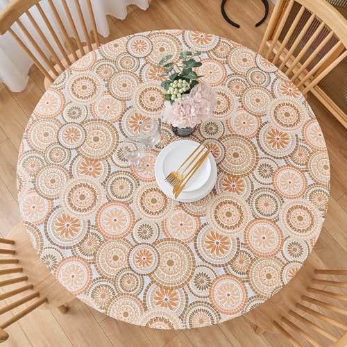 LIBERECOO Round Fitted Vinyl Tablecloth with Flannel Backing, Elastic Edge Waterproof Table Cloth Plastic Table Cover for Indoor & Outdoor