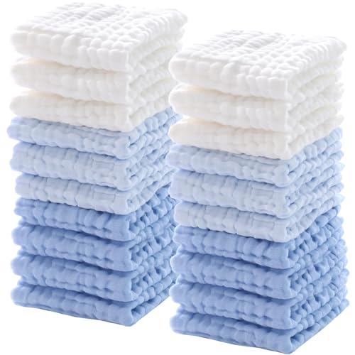 Breling 20 Pcs Baby Muslin Washcloths Natural Cotton Wipes Soft Newborn Baby Face Towel Absorbent Muslin Washcloth for Sensitive Skin 12 x 12 Inch(White, Light Blue, Blue)
