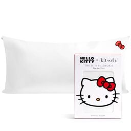 Kitsch Hello Kitty Satin Pillowcase with Zipper for Hair, Softer Than Silk Pillow Cases King, Cooling Pillow Covers, Machine Washable Wrinkle-Free, Satin Pillow Cases King 19x36, Solid Ivory Kitty Bow