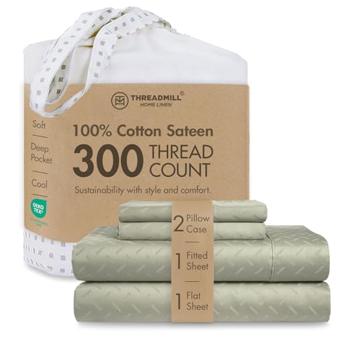 Threadmill Cotton Full Size Sheet Set - 100% Cotton Sheets for Full Size Bed - Damask Jacquard Full Bed Sheets Set with 16??? Deep Pocket - Soft Sateen Weave 4-Piece Cooling Bedding Set - Sage Green