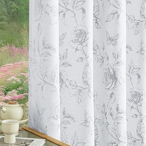 FMFUNCTEX Grey Floral Jacquard Curtains for Bedroom, Rose Flower Patterned Curtains 84 Inches Long Light Filtering Drapes for Living Room, Double Sided Design Drapes Grommet Top 2 Panles