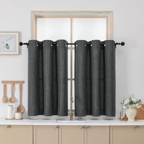 Chyhomenyc Coal Black Curtains 36 Inch Length, Light Filtering Faux Linen Textured Small Kitchen Window Curtains Over Sink, Grommet Short Cafe Curtain for Bathroom Basement, 40Wx36L, 2PCS
