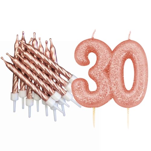 30th Birthday Rose Gold Candle Kit, Glitter Number 30 Cake Topper Candle and Rose Gold Candles, Birthday Cake Decoration for Women, 7.5cm + 7cm, Pack of 13