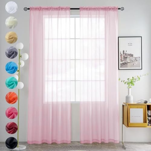 youleyar Solid Sheer Rod Pocket Curtain Voile Draperies 2 Panels White Beige Black Grey Coffee 52 Inch Width 108 Inch Long 1 Pair for Kitchen Bedroom Children Living Room Yard (Pink, 52Wx108L)
