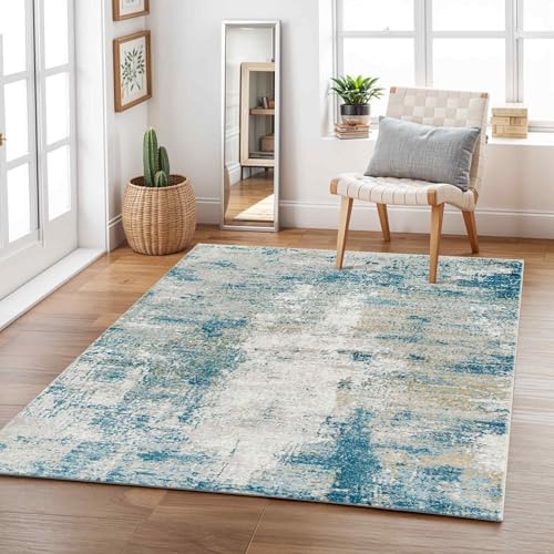 Livabliss Nalany Pysel Abstract Marble Style Floor Covering 200x275 cm – Modern Design for Living Room, Dining & Bedroom, Soft Medium Pile, Grey, Blue & Ivory