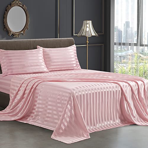 SiinvdaBZX 4Pcs Satin Sheets Stripe Printed Sheets, Italian Style Silky Soft Blush Pink Satin Queen Bed Sheets with Deep Pocket, 1 Fitted Sheet, 1 Flat Sheet, 2 Envelope Closure Pillowcases