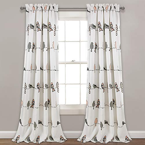 "Lush Decor Rowley Birds Light Filtering Window Curtain Panels, Pair, 52"" W x 95"" L, Blush & Gray - Colorful Floral Print - Whimsical & Playful Bird Curtains For Bedroom, Living Room, Or Dining Room"