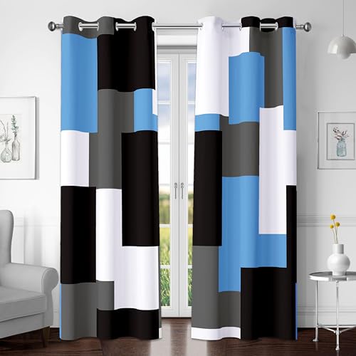 Tyrot Light Blue 100% Blackout Curtains for Bedroom 72 inch Length 2 Panels Set Grey Modern Abstract Geometric Black Out Curtains Insulated Room Darkening Window Drapes for Living Room, 42Wx72L