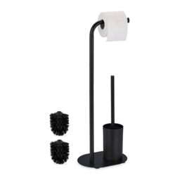 Relaxdays WC Set, Bamboo, Stainless Steel, Free-standing, incl. 2 Spare Heads, Toilet Roll & Brush Holder, Matt Black