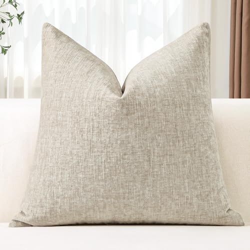 OTOSTAR Chenille Throw Pillow Covers 24x24 Inch Soft Farmhouse Beige Decorative Pillow Covers Solid Square Cushion Case for Sofa Bed Living Room Couch Home Decor (Beige)