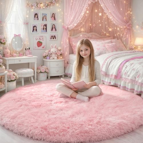 Amdrebio Pink Round Rug - Fluffy Circle Carpet for Girls' Bedroom & Nursery, 6'X6' Shaggy Plush Decor