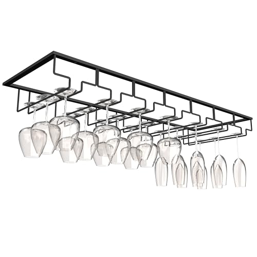 7-Row Stemware Rack - Under Cabinet Wine Glass Holder - Black Metal Hanging Shelf for Kitchen and Bar - Holds Up to 21 Glasses