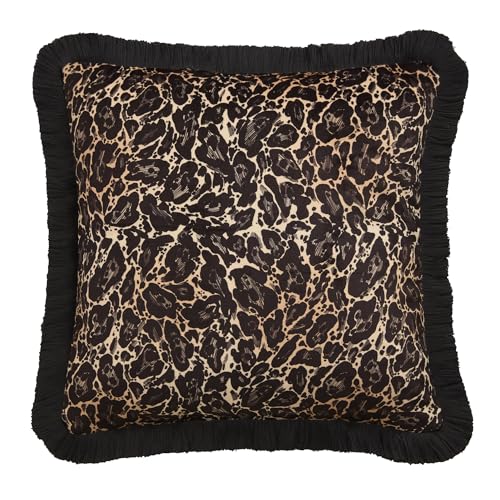 Laurence Llewelyn-Bowen Velvet Filled Cushion, Leopard Print, Decorative Throw Pillow, 1 Piece, 43 x 43 cm, Gold, Recycled Polyester, Square, Black Fringed Edge