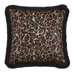 Laurence Llewelyn-Bowen Velvet Filled Cushion, Leopard Print, Decorative Throw Pillow, 1 Piece, 43 x 43 cm, Gold, Recycled Polyester, Square, Black Fringed Edge