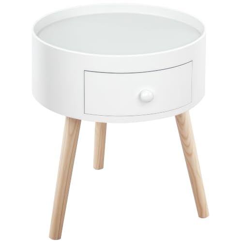 HOMCOM Modern Side Table with Drawer, Round Bedside Table Wood Legs White