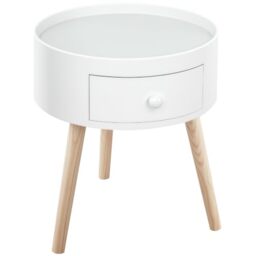 HOMCOM Modern Side Table with Drawer, Round Bedside Table Wood Legs White