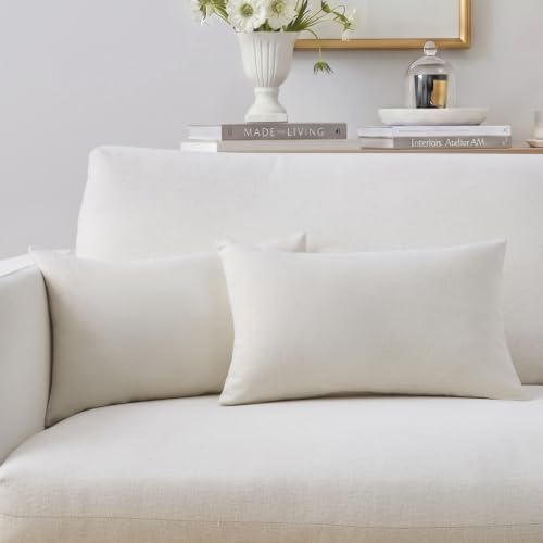 Meekio Set of 2 Ivory Pillow Covers 12 x 20 Inch Farmhouse Boho Decorative Throw Pillow Covers Linen Cushion Covers for Sofa Couch D??cor