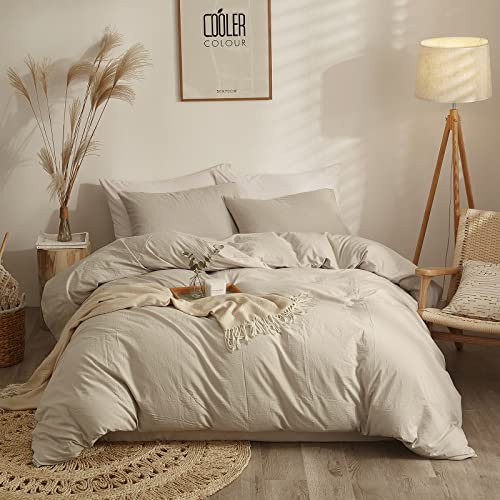 AMWAN Double XL Duvet Cover Set Soft Washed Cotton Bohemian Bedding Set Includes 1 Duvet Cover and 2 Pillow Cases, Plain Beige, Light Brown