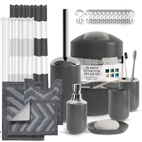 Clara Clark Bathroom Set - 23PC Shower Curtain Set with Bathroom Trash Can, Grey Bathroom Set, Bathroom Sets with Shower Curtain and Grey Rugs