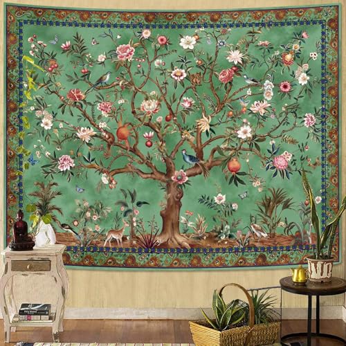 Faxdong Boho Tree of LIfe Tapestry, Vintage Flower Leaves Birds Plant Animal Pattern Tapestries, Retro Indian Bohemian Aesthetic Wall Hanging Green 36×48 inch