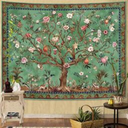Faxdong Boho Tree of LIfe Tapestry, Vintage Flower Leaves Birds Plant Animal Pattern Tapestries, Retro Indian Bohemian Aesthetic Wall Hanging Green 36×48 inch