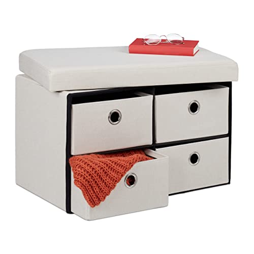 Relaxdays Storage Bench, 4 Drawers, Padded Stool for Home, Foldable, HxWxD: 39 x 60 x 38 cm, Cream