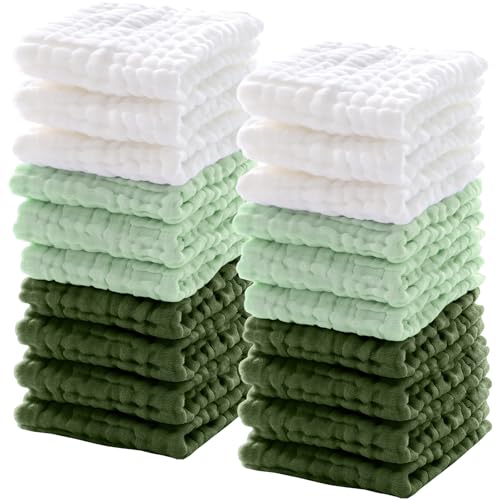 Breling 20 Pcs Muslin Baby Washcloths Natural Cotton Soft Newborn Swaddles Absorbent for Sensitive Skin 12 x 12 Inches (White, Light Green, Green)