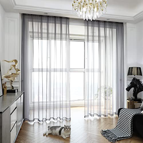 PHILEASY Window Sheer Gray Curtains 108 Inches Long 2 Panels Sheer Curtains Sheer Curtain Clear Transparent Basic Rod Pocket Panel 15 Colors 10 Size for Bedroom Living Room Yard Kitchen
