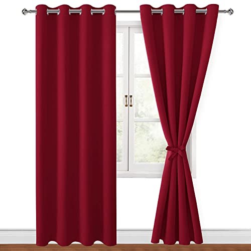 Hiasan Blackout Curtains for Bedroom, 52 x 84 Inches Long - Thermal Insulated & Light Blocking Window Curtains for Living Room/Kids Room, 2 Drape Panels Sewn with Tiebacks, Christmas Red