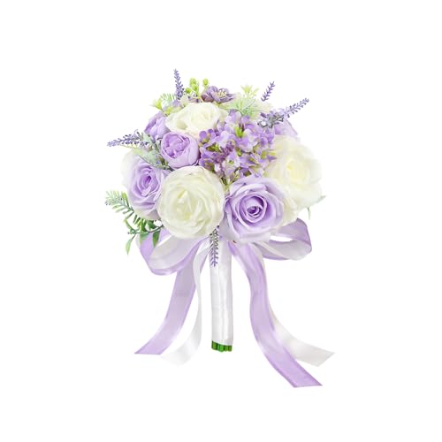 HOMENERGY Bridesmaid Bouquets for Wedding 1 Pack - 9 Inch Artificial Flowers Bouquets for Ceremony Anniversary Centerpieces Decorations - Dusty Purple
