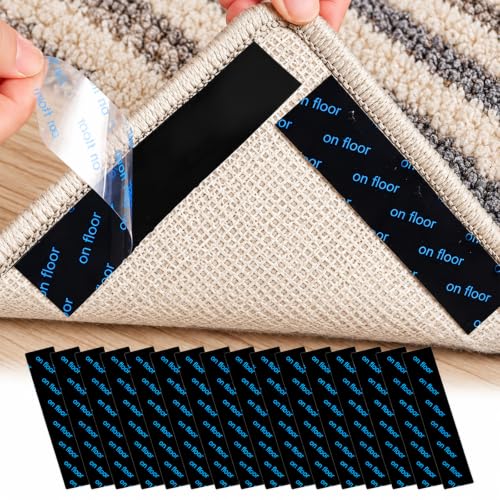 Lafefe 16pcs Rug Gripper Rug Grippers, Anti Slip Rug Grip Strips - Reusable PU carpet grippers with strong adhesion, washable design for rugs, mats, hardwood, tile, marble and laminate floors
