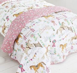 Kid's Club Horse Girls Quilted Bed Kids Decorative Throw over Pink Floral Reverse, Polyester-Cotton, Single