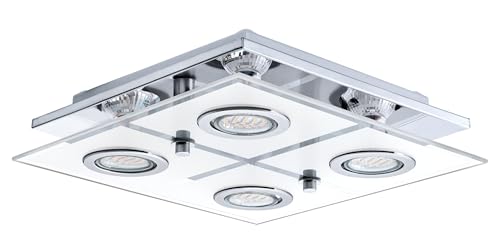 Eglo LED Ceiling lamp Cabo, 4-Light Ceiling Spotlight, Stainless Steel and Frosted Glass, Living Room lamp in Chrome, White, Clear, Kitchen and Hallway lamp with GU10 Fitting, 29 x 29 cm