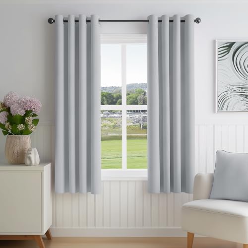 FMFUNCTEX 100% Blackout Light Grey Curtains 54 Inch Grommet Drapes 2 Panels - Black out Drapes, Thermal Insulated Noise Reducing, Textured Weave, Room Darkening, Window Curtain, for Living Room,Grommet