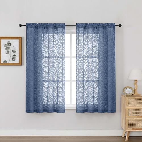 OVZME Dusty Blue Sheer Curtains 54 Inch Length 2 Panels, Soft Airy Light Filtering Breathable Leaf Jacquard Textured Short Drapes for Bathroom Bedroom Windows, Dual Rod Pocket, 2x42Wx54L Inches