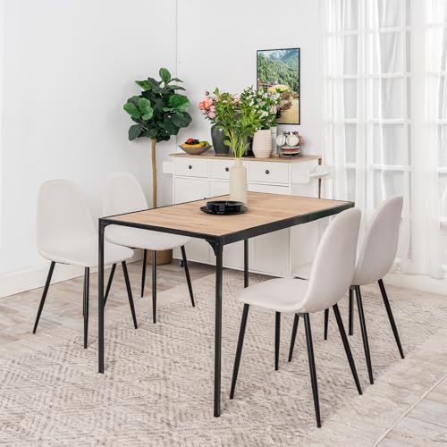 4 Seater Dining Table Set, Oak Effect Dining Table with 4 Beige Fabric Chairs, Modern Kitchen Dining Room Furniture Set with Metal Legs