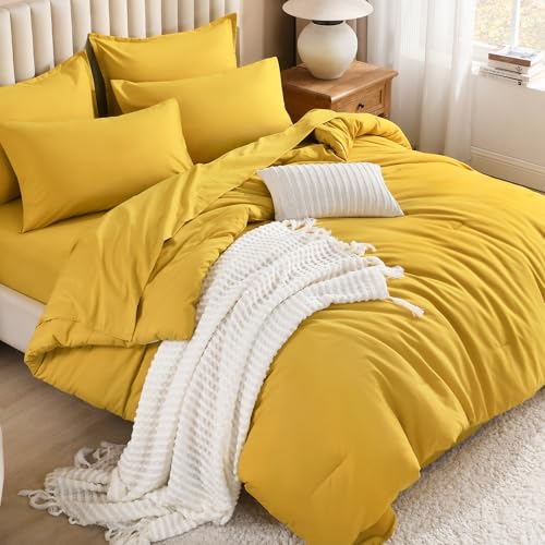 Litanika King Comforter Set with Sheets - 7 Pieces Solid Bed in a Bag - Mustard Yellow Fluffy Lightweight Soft Warm Down Alternative Solid All Season Bedding Set