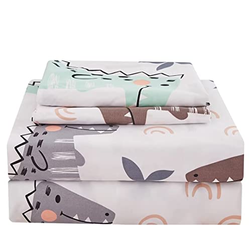 "JSD Dinosaur Kids Printed Sheet Set Full Size, 4 Piece Brushed Microfiber Bed Sheets for Boys, 15"" Deep Pocket White"