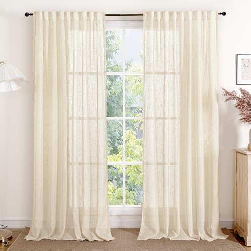 YoungsTex Beige Linen Semi Sheer Curtains 84 Inch Length for Living Room, Light Filtering Window Treatments Textured Drapes with Rod Pocket Back Tab for Bedroom, 2 Panels, 52 X 84 Inch
