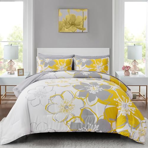 "Yellow Floral Comforter Set King Size 7 Pieces Reversible Bed in a Bag with Sheets Set for All Season, Soft Microfiber Complete Bedding Set King (104""x90"")"