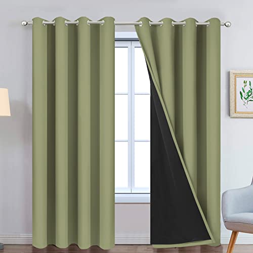 Yakamok Total Blackout Curtains 2 Thick Layers Fully Blackout Thermal Insulated with Black Lining for Bedroom (52W x 84L, Sage, 2 Fabrics)