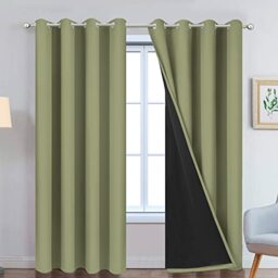 Yakamok Total Blackout Curtains 2 Thick Layers Fully Blackout Thermal Insulated with Black Lining for Bedroom (52W x 84L, Sage, 2 Fabrics)