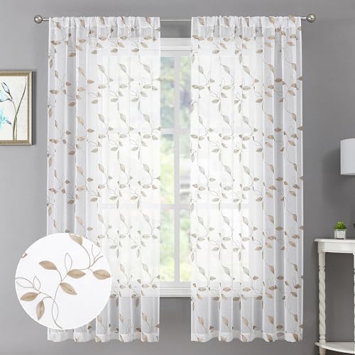 Tollpiz Taupe Leaf Sheer Curtain Leaves Embroidered Bedroom Curtains Rod Pocket Voile Window Treatments for Living Room, 38 x 63 inches Long, Set of 2 Panels