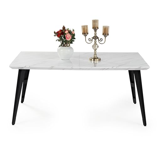 FurnitureR 150 cm Rectangular White Marble Effect top and Black Legs, 4-6 seat Table for Dining, Living Room, Kitchen, Cafe, 150x80x74cm