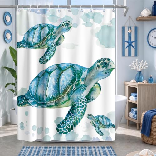 Final Friday Beach Nautical Sea Turtle Theme Fabric Shower Curtain Sets Ocean Family Bathroom Decor with Hooks Waterproof Washable 60 x 72 inches White Blue and Green
