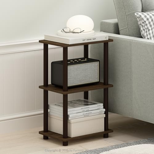 Furinno TURN-N-TUBE Side Table, 2-Tier End Table with Open Shelf, Easy Assembly Night Stand, Bedside Table with Round Tube, for Living Room, Bedroom, Walnut