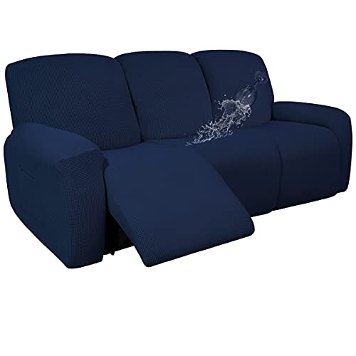 Easy-Going 100% Dual Waterproof Recliner Sofa Cover, 8-Pieces Stretch Relining Couch Cover with Pocket, Jacquard 3 Seat Sofa Slipcover Leakproof Washable (Sofa, Navy)
