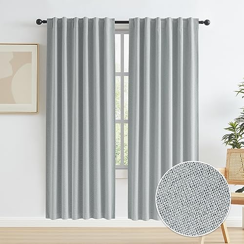 KEQIAOSUOCAI Linen Blackout Curtains 72 Inch Long, Back Tab Rod Pocket Hook Belt, Pair of Energy Smart & Noise Blocking Out Privacy Drapes for French Door, 2 Panels,Light Grey, W50 x L72